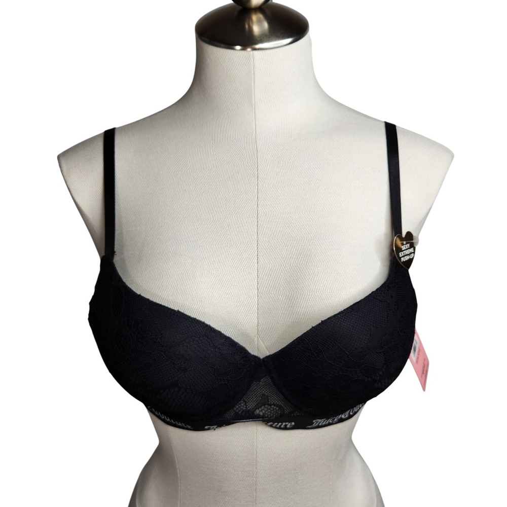 Juicy Couture Sexy Push Up Bra 34B Black Lace Logo JC5477F NEW